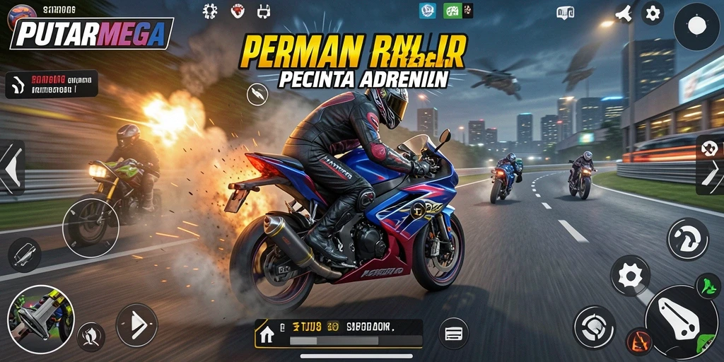 Gameplay seru PUTARMEGA menampilkan balap motor yang mendebarkan.
