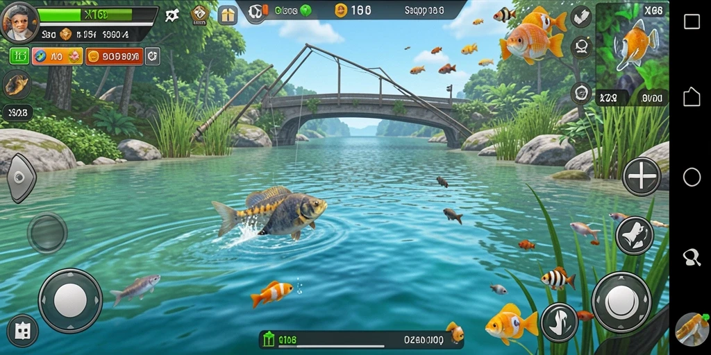Screenshot X168 menunjukkan pemain menangkap ikan di lokasi memancing yang indah.